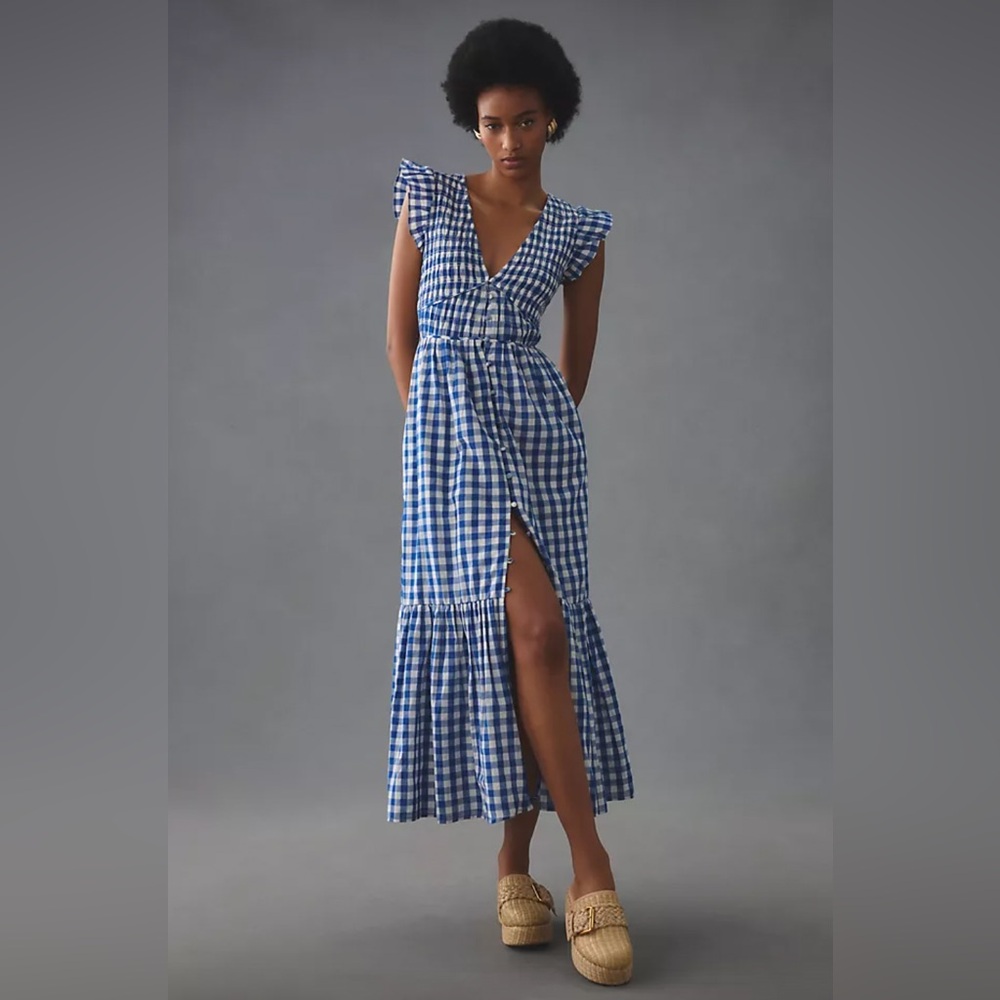 Anthropologie Blue Gingham Midi Dress